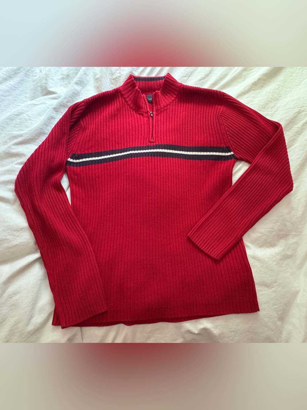 Women's Red Ribbed Quarter-Zip Sweater with Contrast Stripe